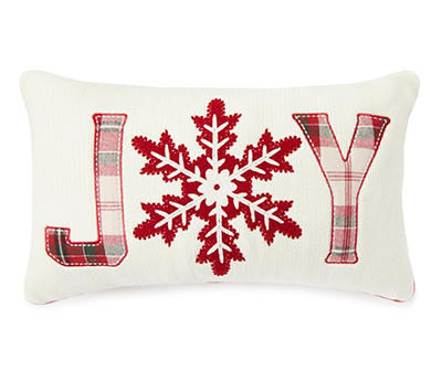 "Joy" White, Red & Green Plaid  Embroidered Snowflake Throw Pillow