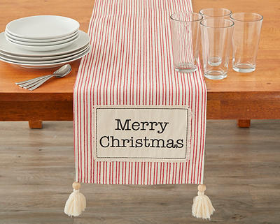 "Merry Christmas" Red, Cream & Black Striped Table Runner With Tassels