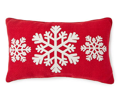 Red & White Embroidered Snowflake Throw Pillow