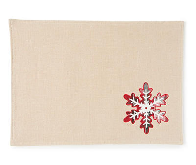 Tan, Red & Green Embroidered Plaid Snowflake Placemat