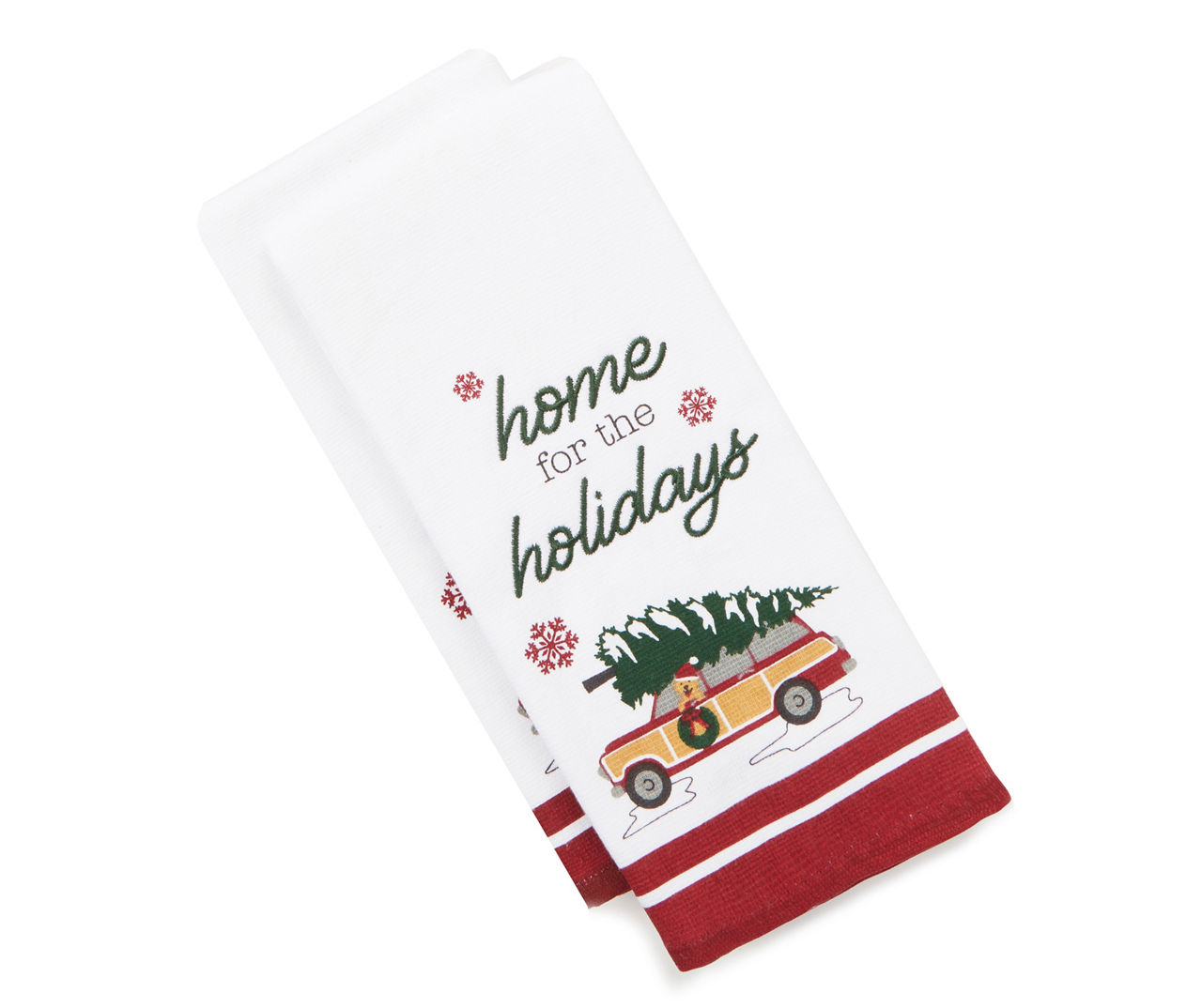 "Home For The Holidays" White & Red Station Wagon With Dog Kitchen Towels, 2-Pack