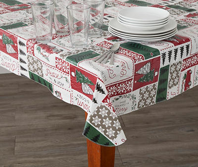White, Red & Green Holiday Patchwork PEVA Tablecloth