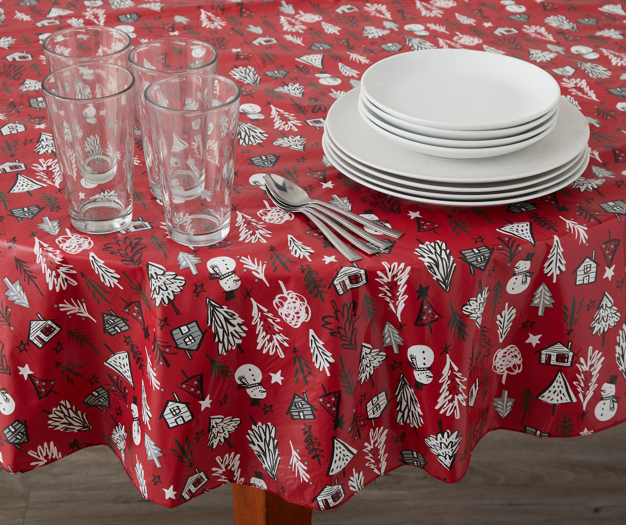 Red & Green Brush Trees Round PEVA Tablecloth, (60")