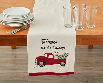 "Home For The Holidays" Cream, Green & Red Truck With Dog Table Runner