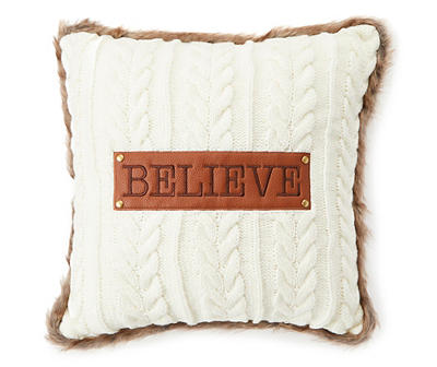 "Believe" White & Brown Quilted Faux Fur Throw Pillow