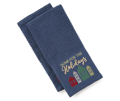 "Home For The Holidays" Blue Embroidered Houses Kitchen Towels, 2-Pack