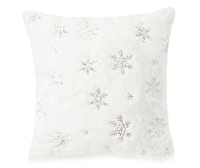 White & Silver Sequined Snowflake Faux Fur Throw Pillow