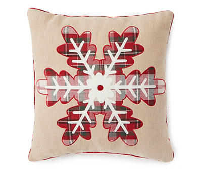 Red, White & Green Plaid Snowflake Throw Pillow