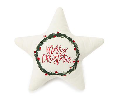 "Merry Christmas" Cream, Green & Red Embroidered Wreath Star Shape Throw Pillow