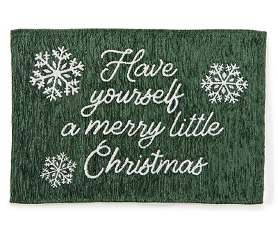 "Merry Little Christmas" Green & White Embroidered Snowflake Chenille Place Mat