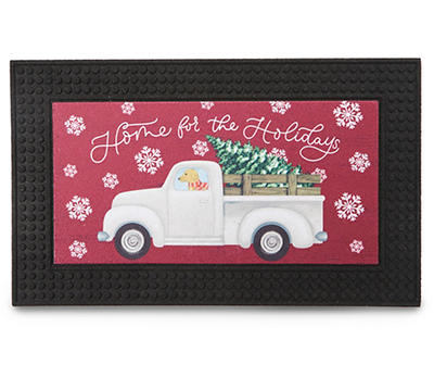 "Home For The Holidays" Red & White LED Truck With Dog Doormat
