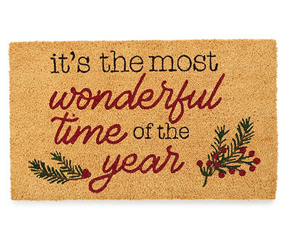 "Most Wonderful Time" Tan, Green & Red Pine Branch Coir Doormat