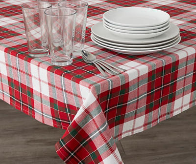 Red & White Plaid Fabric Tablecloth, (60" x 102")