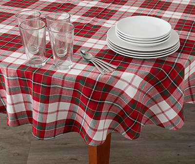 Red, White & Green Plaid Round Cotton Tablecloth, 60