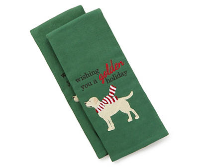 "Golden Holiday" Green Embroidered Golden Retriever Kitchen Towels, 2-Pack