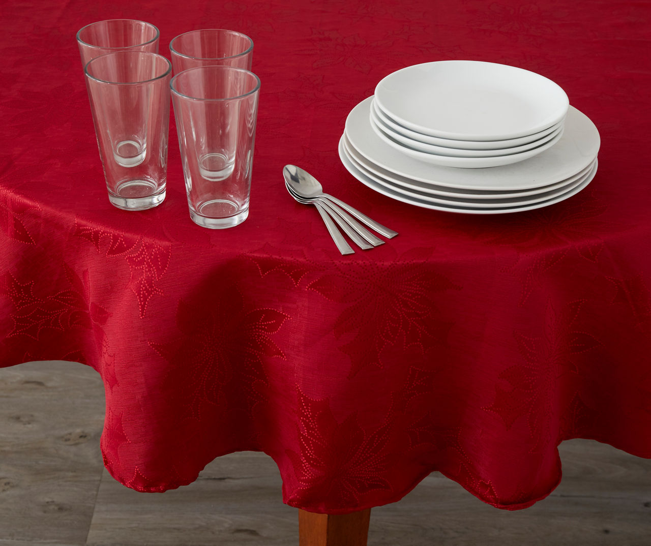 Red Poinsettia Print Round Fabric Tablecloth, (60")