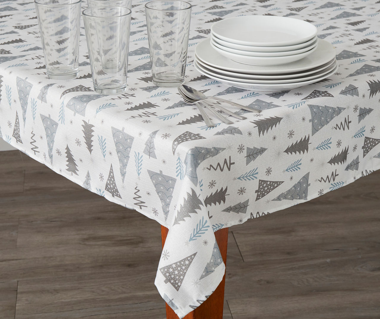 White & Gray Holiday Trees Tablecloth, (60" x 84")