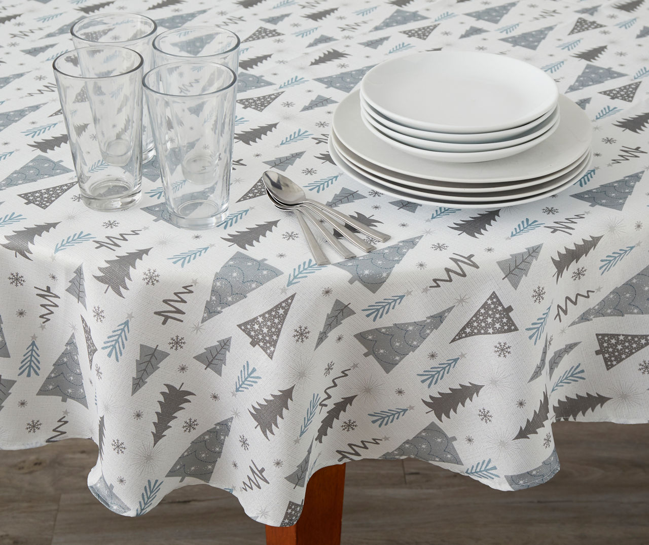 White & Gray Holiday Trees Round Tablecloth, (60")