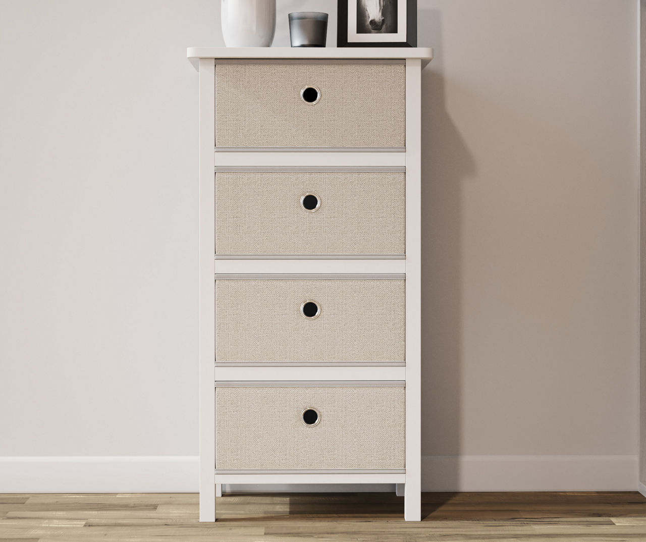 White Gray Fabric 4 Drawer Storage Chest