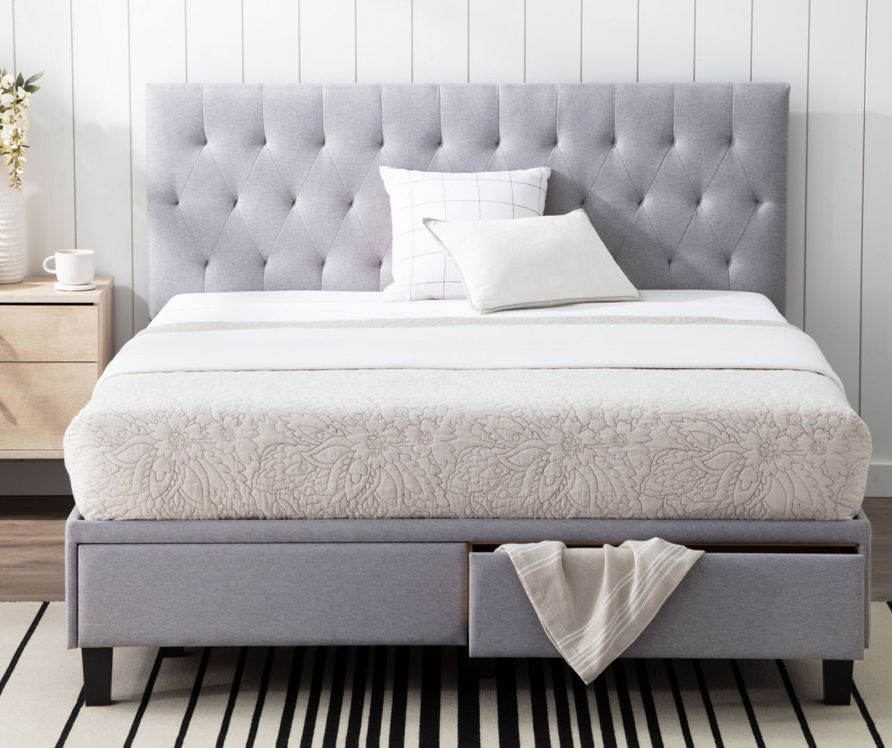 Anna upholstered stone queen bed with drawers discount