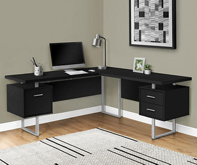 Black & Silver 3-Drawer L-Shaped Corner Desk