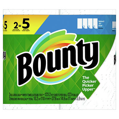 Bounty Select-A-Size Paper Towels, 2 Double Plus Rolls, White, 123 Sheets Per Roll