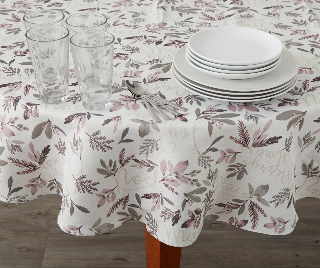 White & Mauve Season's Greetings Round Tablecloth, (60")