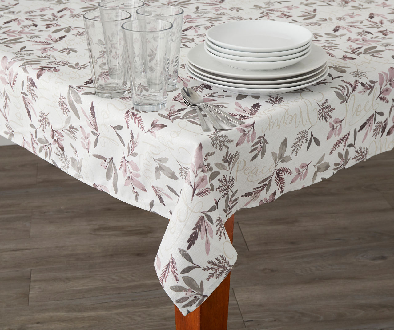 White & Mauve Season's Greetings Fabric Tablecloth, (60" x 102")