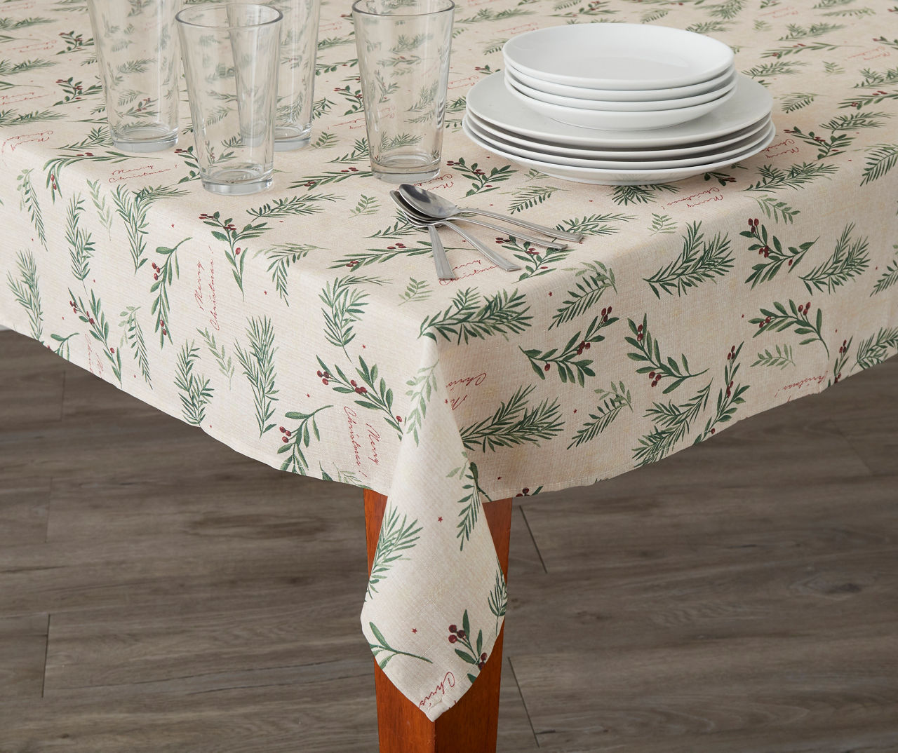 "Merry Christmas" Beige Pine Sprig Tablecloth, (60" x 84")