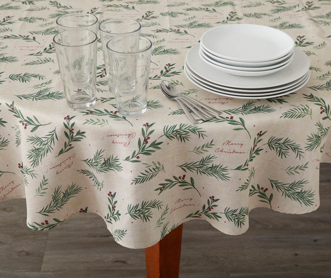 "Merry Christmas" Beige Pine Sprig Tablecloth, (60")