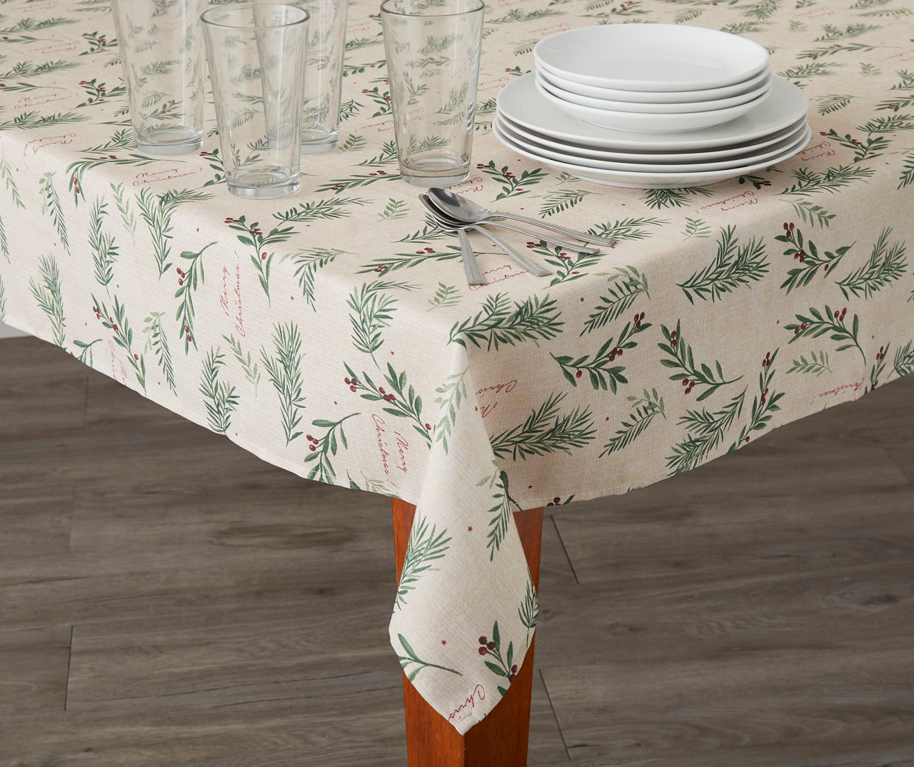 "Merry Christmas" Beige Pine Sprig Tablecloth, (52" x 70")