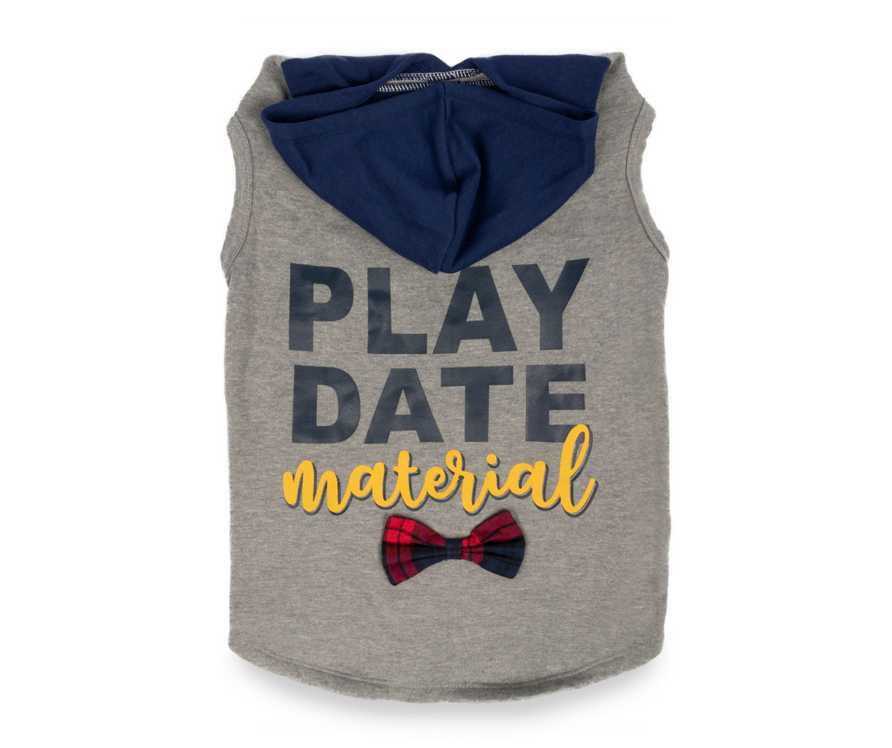 "Play Date Material" Pet X-Large Gray & Blue Hoodie With Plaid Bowtie