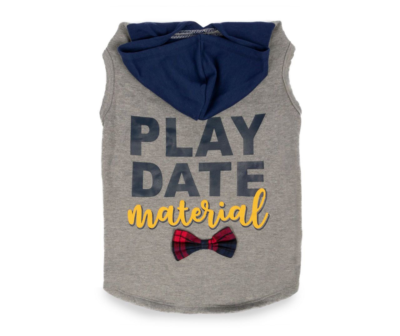"Play Date Material" Pet Medium Gray & Blue Hoodie With Plaid Bowtie