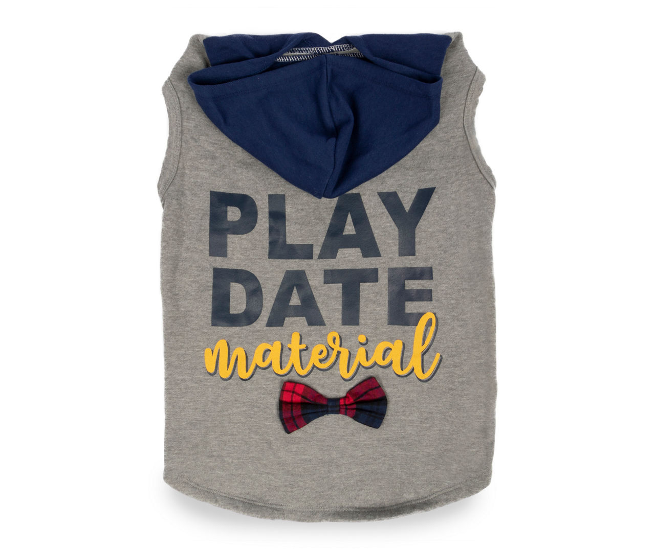 "Play Date Material" Pet Small Gray & Blue Hoodie With Plaid Bowtie