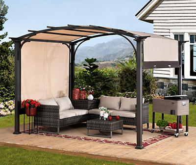9.5' x 11' Brown & Tan Arched Pergola with Adjustable Shade