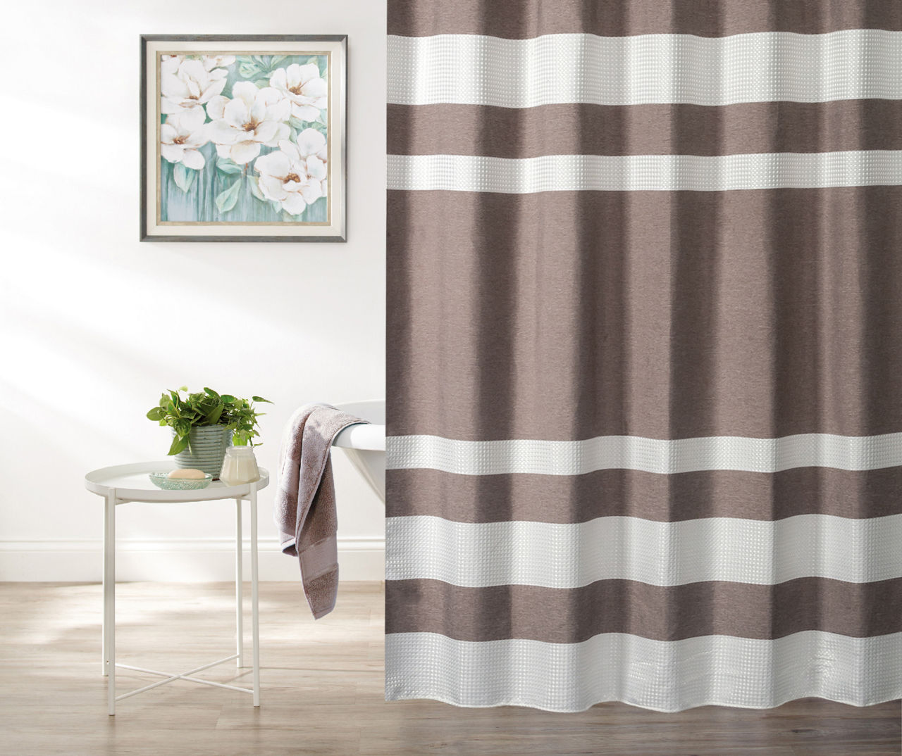 Tan and white striped store shower curtain