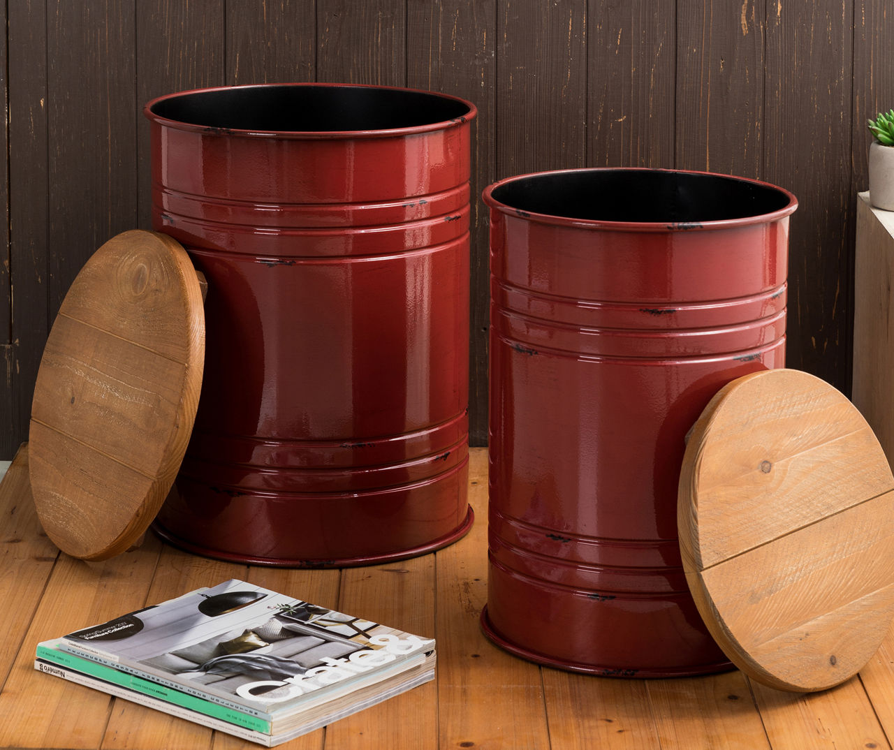 Red Farmhouse Barrel Storage Stools, 2-Pack