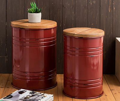 S/2 RED FRMHSE MTL/WD STORAGE STOOLS
