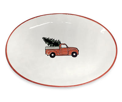 White Ceramic Oval Platter With Red Truck & Christmas Tree