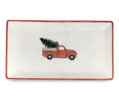 White Ceramic Rectangle Platter With Red Truck & Christmas Tree