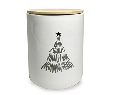 White Ceramic Canister With Black Christmas Tree