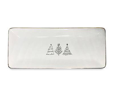 White Ceramic Serving Tray With 3 Black Christmas Trees