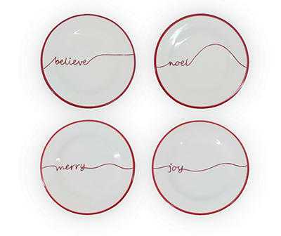 White & Red 4-Piece Christmas Saying Ceramic Plate Set
