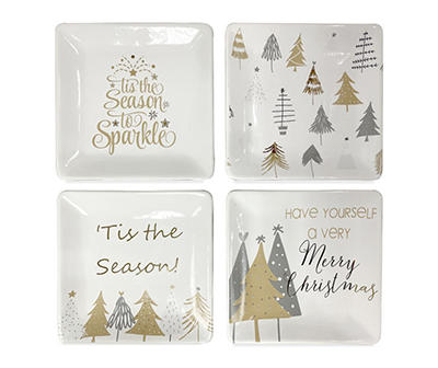 White Square 4-Piece Christmas Tree & Christmas Saying Ceramic Plate Set
