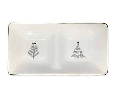 White Ceramic 2-Section Server With 2 Black Christmas Trees