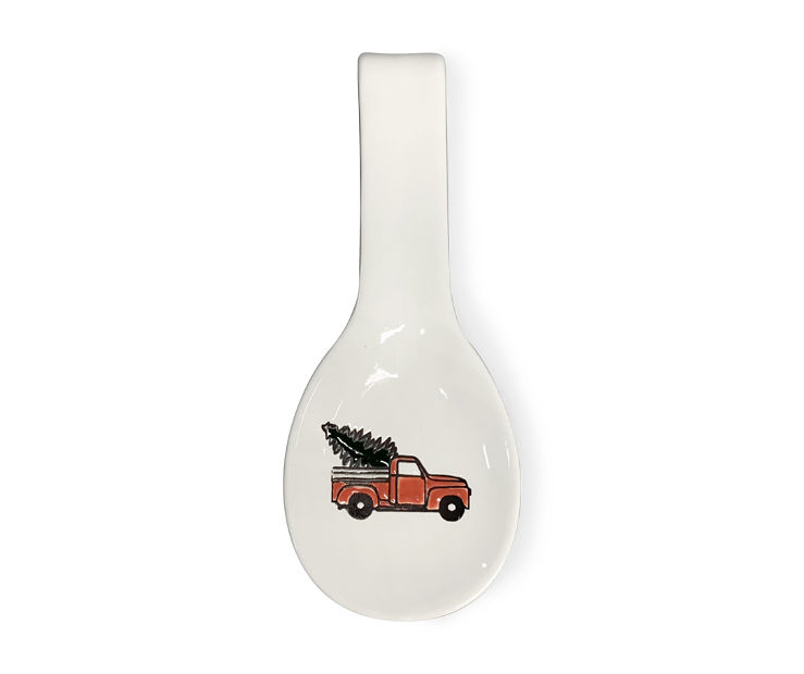 Winter Wonder Lane White Ceramic Spoon Rest With Red Truck & Christmas Tree