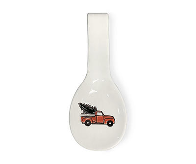White Ceramic Spoon Rest With Red Truck & Christmas Tree