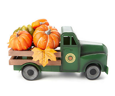 Green Retro Truck with Pumpkin Tabletop Decor