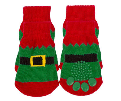 Pet Green & Red Elf Paw Socks