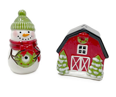 Red & White Snowman With House 2-Piece Salt & Pepper Shaker Set